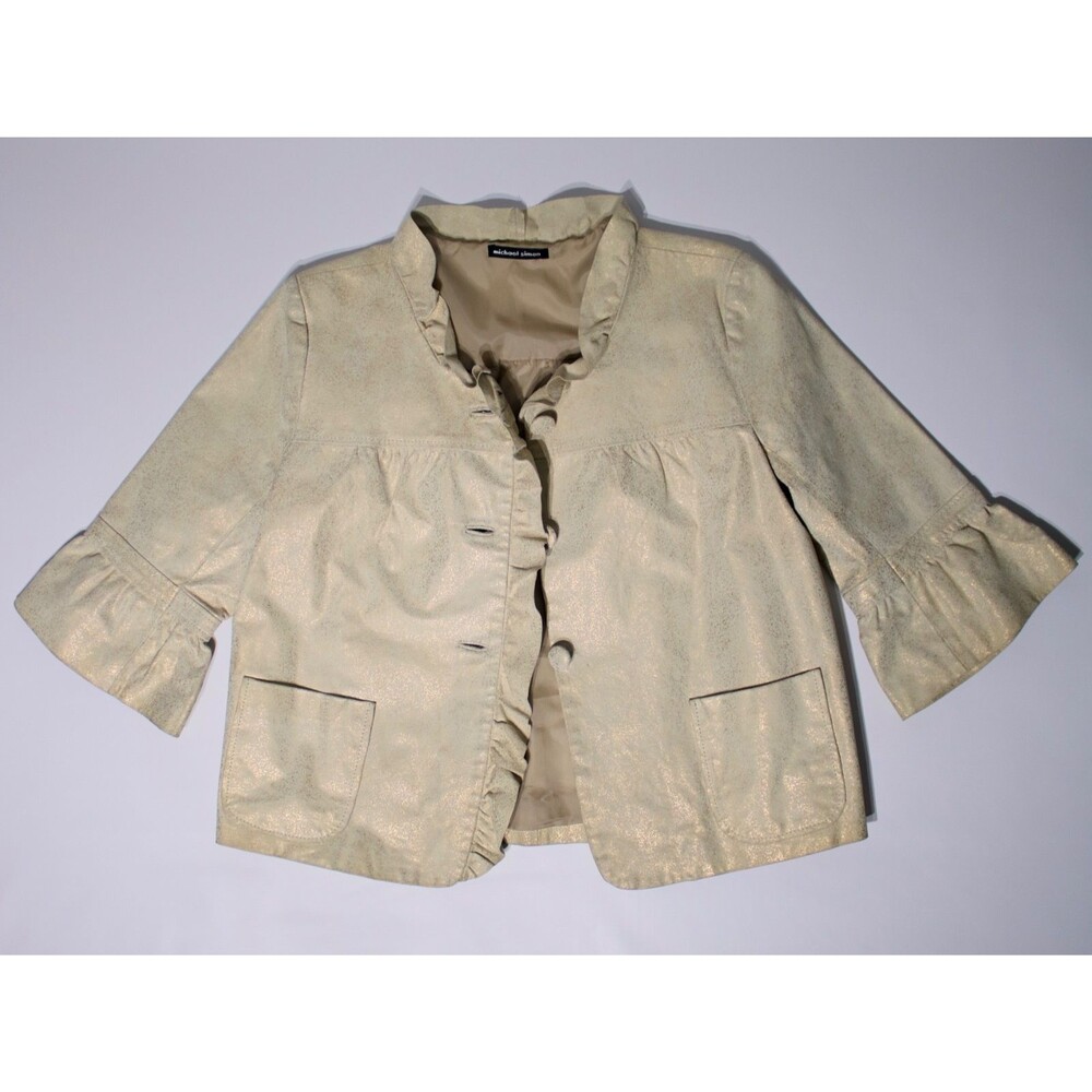Michael Simon Ruffled Leather Jacket Beige Gold Sparkle Women Size M (B4) - Picture 7 of 16